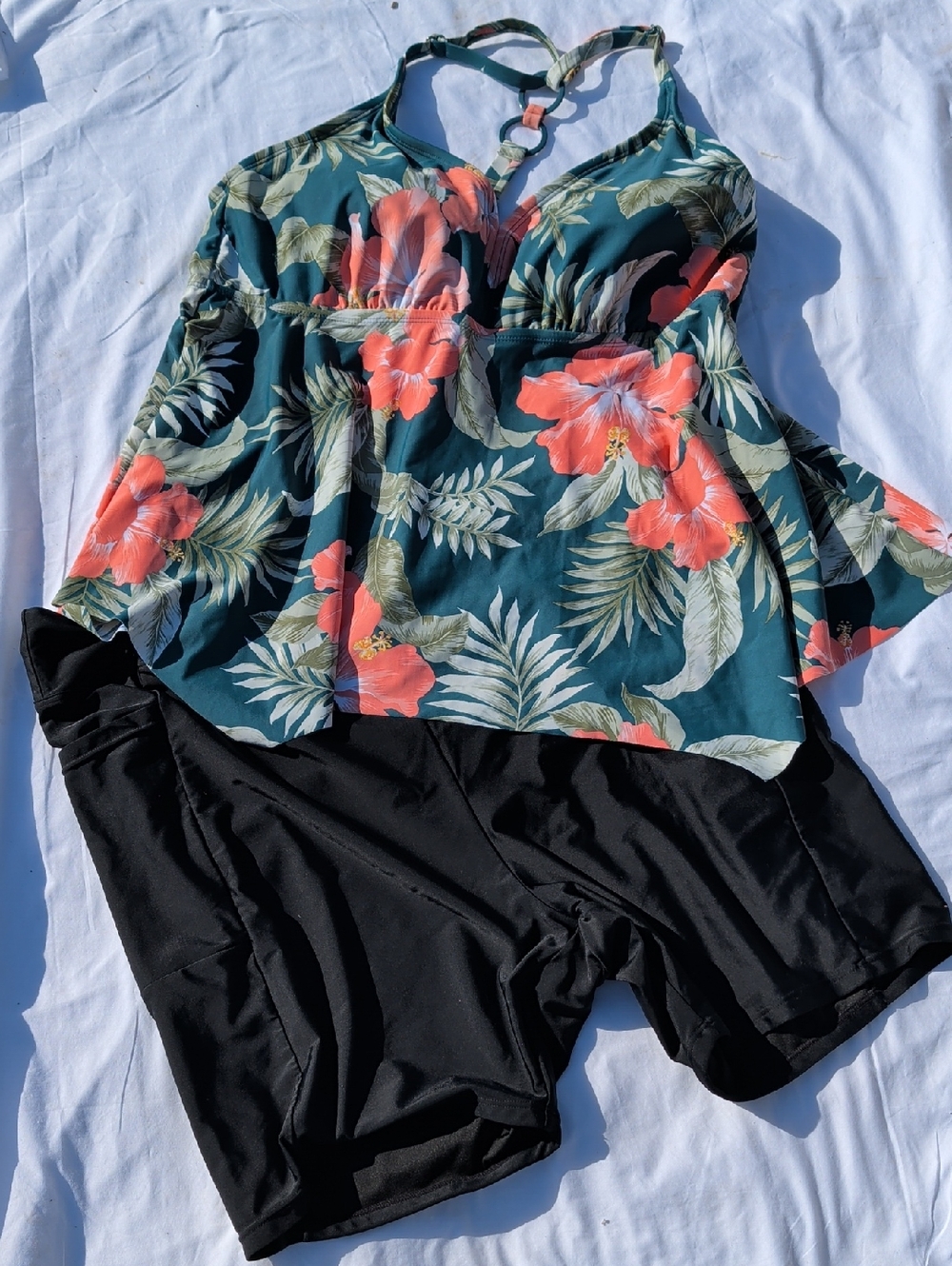 Kona Sol Teal Floral Camisole Swim Top with Black Shorts